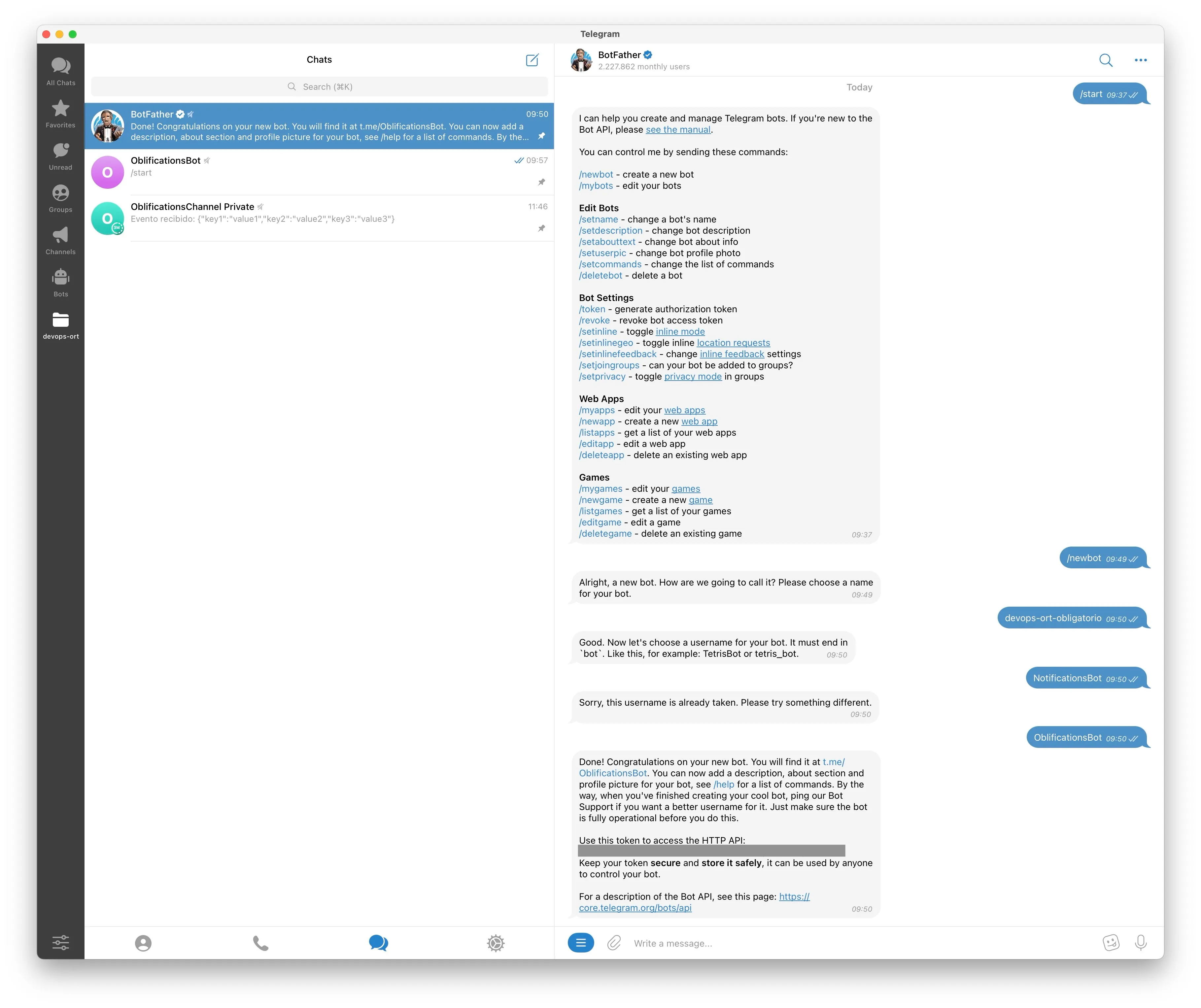 Bot creation in Telegram with BotFather