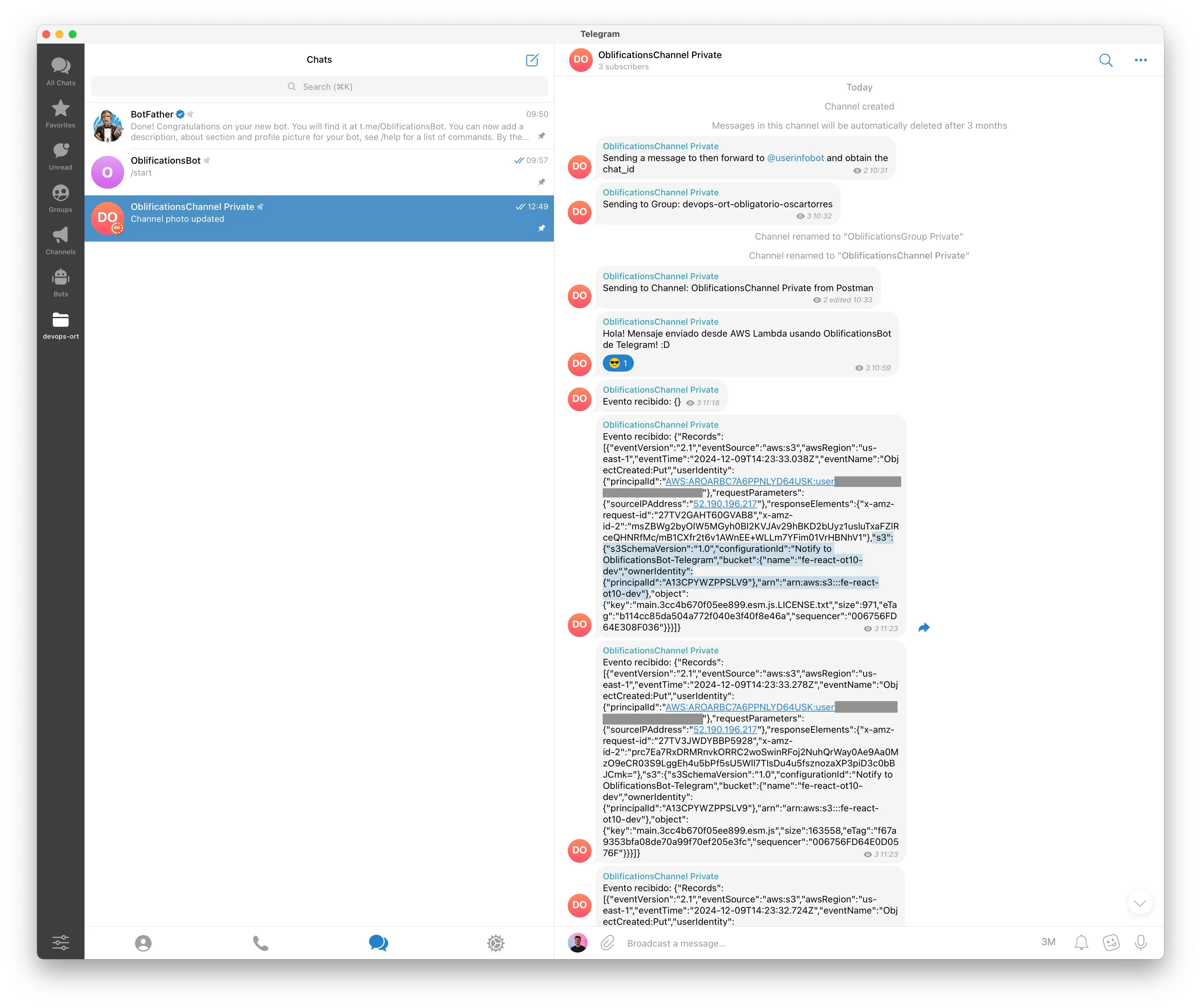 Messages received on private Telegram channel